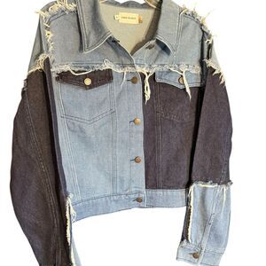 NWT Honor the Gift Two-Tone Frayed Jean Jacket with Peace Logo on Back